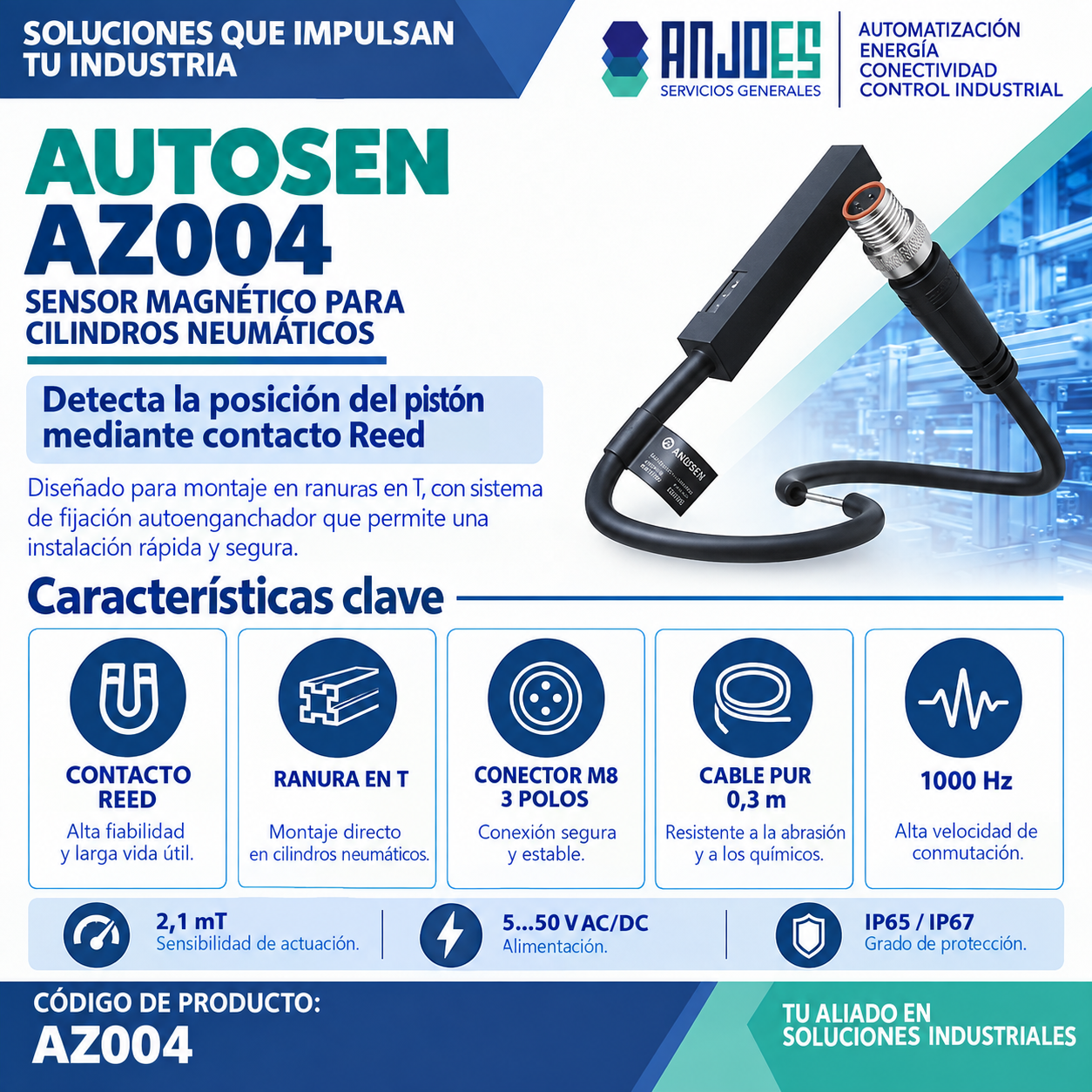 Sensor magnético AUTOSEN AZ004 para cilindro – Reed, ranura T, M8 - Imagen 2