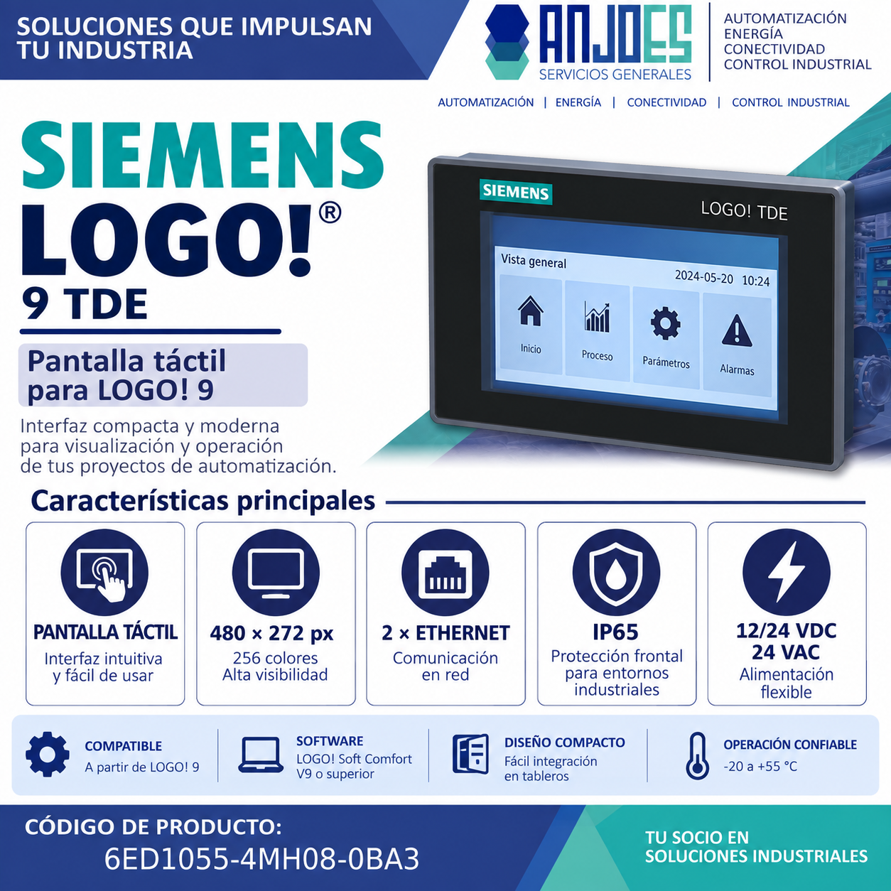 Siemens LOGO! 9 TDE 6ED1055-4MH08-0BA3 – Pantalla táctil Ethernet - Imagen 2