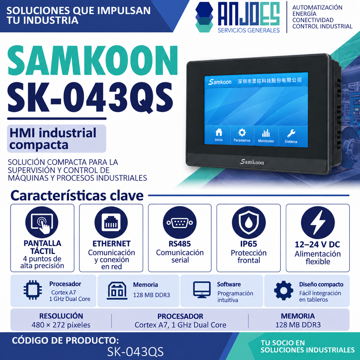 HMI Samkoon SK-043QS 4.3” – Pantalla táctil industrial Ethernet / RS-485 - Imagen 2